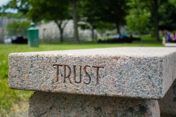 A park bench with the word 'trsut' engraved on its side.