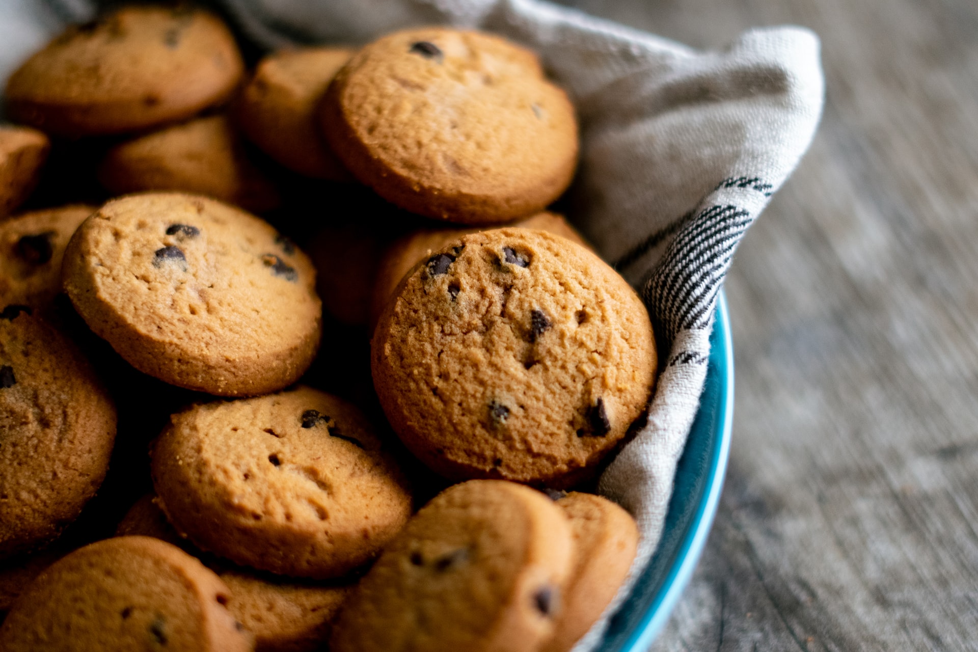 A plate of chocolate chip cookies.